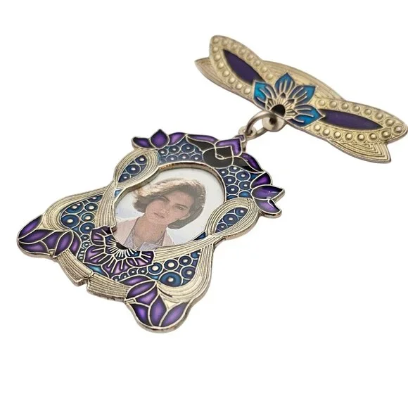 Blue Purple Enamel Photo Holder Brooch Bar Dangle Pin C629